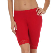 Load image into Gallery viewer, Red cotton blend lace trim stretch bike shorts, women's fashion, made in USA, featuring knee-length design and comfortable waistband.