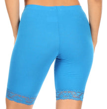 Load image into Gallery viewer, Back view of blue cotton blend lace trim stretch bike shorts for women - made in USA