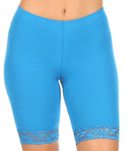 Load image into Gallery viewer, Blue cotton blend lace trim stretch bike shorts, featuring a comfortable fit, made in USA, displayed on model.