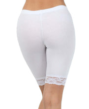 Load image into Gallery viewer, Back view of white cotton blend lace trim stretch bike shorts, showcasing lace detail and comfortable fit. Made in USA.