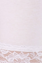 Load image into Gallery viewer, Close-up of lace trim on white cotton blend stretch bike shorts, showcasing delicate design and soft texture.