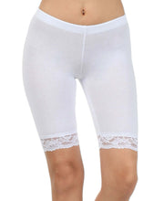 Load image into Gallery viewer, White cotton blend lace trim stretch bike shorts for women, mid-thigh length, made in USA, shown from the front.
