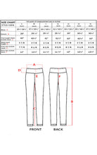 Cargar imagen en el visor de la galería, Size chart showing measurements for shiny liquid metallic high waist stretch leggings, available in sizes S to XL, made in USA.