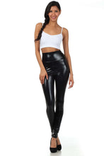 Cargar imagen en el visor de la galería, Shiny Liquid Metallic High Waist Stretch Leggings modeled with a white crop top. Made in USA. Available in sizes S, M, L, XL. Sakkas brand.