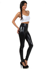 Cargar imagen en el visor de la galería, Model wearing shiny liquid metallic high-waist stretch leggings, showcasing a bold color design, made in USA. Available in sizes S, M, L, XL.