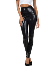 Cargar imagen en el visor de la galería, Shiny liquid metallic high waist stretch leggings, made in USA, shown in black color, highlighting bold style and fit.