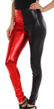 Cargar imagen en el visor de la galería, Model wearing shiny liquid metallic high waist red and black stretch leggings, made in USA, showcasing bold color design.