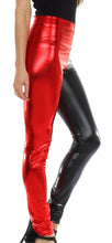 Cargar imagen en el visor de la galería, Shiny liquid metallic high waist stretch leggings in red and black, model wearing side view. Made in USA by Sakkas.