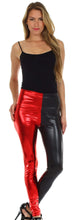 Cargar imagen en el visor de la galería, Model wearing shiny liquid metallic high waist stretch leggings in red and black, paired with a black top