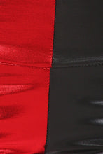 Cargar imagen en el visor de la galería, Close-up of shiny liquid metallic high waist stretch leggings in red and black, made in USA. High rise bold color design.