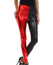 Cargar imagen en el visor de la galería, Shiny liquid metallic high waist stretch leggings in red and black, made in USA, high-rise design with bold colors, available in S-XL sizes.