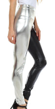 Cargar imagen en el visor de la galería, High-waist shiny liquid metallic stretch leggings in silver and black, modeled, made in USA, available in sizes S-XL.
