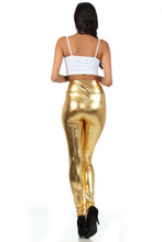 Cargar imagen en el visor de la galería, Back view of shiny liquid metallic high waist leggings in gold, paired with a white crop top. Made in USA, bold and stylish.