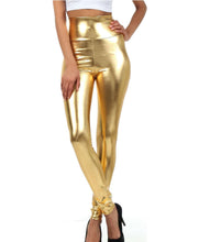 Cargar imagen en el visor de la galería, Gold shiny liquid metallic high waist stretch leggings, high rise fit, women's fashion, made in USA, full length, modeled with heels.