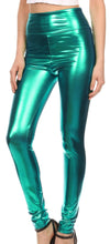 Cargar imagen en el visor de la galería, Shiny Liquid Metallic High Waist Stretch Leggings in teal, made in USA, featuring bold color and high-rise fit.