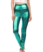 Cargar imagen en el visor de la galería, Shiny liquid metallic high waist stretch leggings, bold green color, Sakkas brand, made in USA, high-rise style.