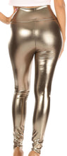 Cargar imagen en el visor de la galería, Shiny liquid metallic high waist stretch leggings with a bold color finish, designed and made in the USA, back view.