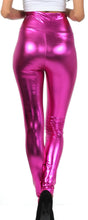 Cargar imagen en el visor de la galería, Shiny pink metallic high waist leggings, back view, made in USA, featuring a sleek tight fit ideal for bold fashion statements.