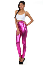 Cargar imagen en el visor de la galería, Model wearing shiny liquid metallic high waist stretch leggings in pink, paired with a white top. Made in USA. Available in multiple sizes.