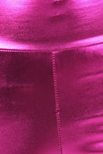 Cargar imagen en el visor de la galería, Close-up of shiny liquid metallic high waist stretch leggings in bold color, made in the USA.