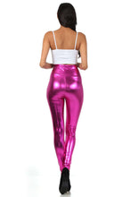 Cargar imagen en el visor de la galería, Pink shiny liquid metallic high waist stretch leggings worn by a model, showcasing bold color and high rise fit, made in USA.