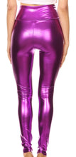 Cargar imagen en el visor de la galería, Shiny liquid metallic high waist stretch leggings in bold purple, made in USA, featuring ultra-fitted design and high rise waistband.
