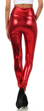 Cargar imagen en el visor de la galería, Shiny red liquid metallic high waist leggings, stretch fit, women's fashion, USA-made.