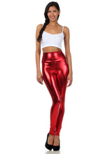 Cargar imagen en el visor de la galería, Woman wearing shiny red high waist metallic leggings with a white top, showcasing bold color and stretch fit. Made in USA.