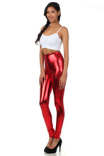 Cargar imagen en el visor de la galería, Red shiny liquid metallic high waist stretch leggings, worn by model, made in USA, high rise bold color design, available in S to XL.
