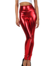 Cargar imagen en el visor de la galería, Shiny red metallic high waist stretch leggings, bold color, USA-made, featuring a high rise design. Available in sizes S to XL.
