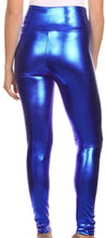 Cargar imagen en el visor de la galería, Shiny liquid metallic high waist stretch leggings in blue, made in USA, shown from the back, available in S, M, L, XL sizes.