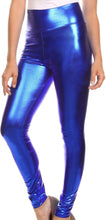 Cargar imagen en el visor de la galería, Woman wearing shiny liquid metallic high waist leggings in bold blue color, made in USA, size small. Sakkas fashion.