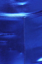 Cargar imagen en el visor de la galería, Close-up of shiny metallic high waist stretch leggings in vibrant blue color, showcasing stitching and texture. Made in USA.