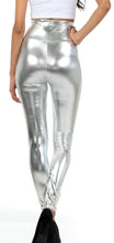 Cargar imagen en el visor de la galería, Shiny liquid metallic high waist stretch leggings displayed on a model, showcasing back detail, made in USA, available in S-XL sizes.