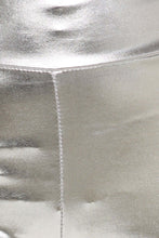 Cargar imagen en el visor de la galería, Close-up of shiny liquid metallic high waist stretch leggings made in USA, showcasing bold design and fine stitching.