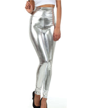 Cargar imagen en el visor de la galería, Shiny high waist metallic stretch leggings in silver worn by model, made in USA, Sakkas brand.