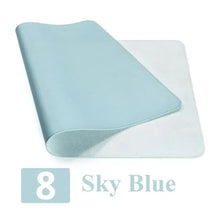 Cargar imagen en el visor de la galería, Sky blue leather suede desk mat for stylish and functional workspace upgrade.
