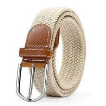 Cargar imagen en el visor de la galería, Elastic vegan leather belt with alloy buckle in beige, offering adjustable comfort and style; perfect for daily wear and fashion elevation.