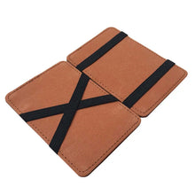 Cargar imagen en el visor de la galería, Premium leather magic wallet with black elastic straps for card and cash organization.