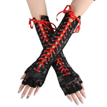 Load image into Gallery viewer, Elegant black lace half-finger gloves with red ribbon, featuring delicate lace details and eye-catching design for stylish wear.