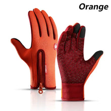Load image into Gallery viewer, Orange waterproof winter gloves with phone touch capability, featuring a zip closure for optimal warmth and smartphone use.