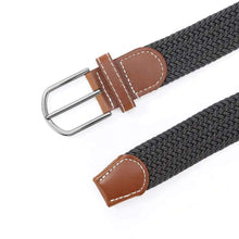 Cargar imagen en el visor de la galería, Elastic leather belt with alloy buckle, vegan leather, flexible design for comfort and style, shown in close-up with stitching detail.
