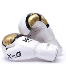 Load image into Gallery viewer, Premium white and gold kickboxing gloves with adjustable wrist strap for secure fit, made from durable PU leather for ultimate comfort.