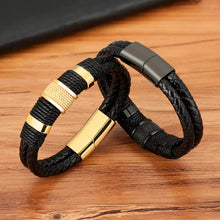 Cargar imagen en el visor de la galería, Woven Leather and Stainless Steel Men's Bracelets on Wooden Surface