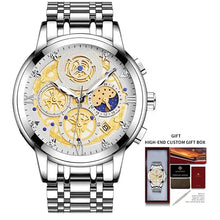 Load image into Gallery viewer, Men's stainless steel watch with gold accents, visible gears, comes with a high-end custom gift box for elegant presentation.