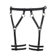 Load image into Gallery viewer, Black leather sword belt waist garter with metal rings for medieval or fantasy attire.