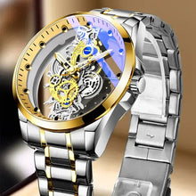Load image into Gallery viewer, Skeleton Vintage Men's Watch with stainless steel band and open-face dial, showcasing sophisticated style and modern design.