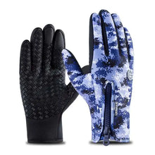 Load image into Gallery viewer, Thermal Waterproof Gloves with blue camo and black palms, perfect for cycling, hiking, or camping, featuring a waterproof design.