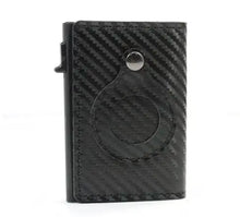 Load image into Gallery viewer, Minimal leather credit card holder in black with carbon fiber design, sleek and stylish for organized essentials