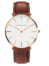 Cargar imagen en el visor de la galería, Rose Gold Dial Leather Watch with minimalist design and genuine brown leather strap, perfect for both casual and formal wear.
